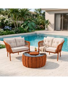 Conjunto 2 Poltronas e Mesa de Centro Cervejeira Aço e Corda Náutica Terracota Harpia Tecido Bege
