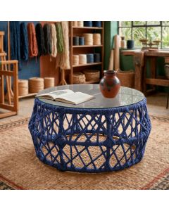 Mesa de Centro com Tampo de Vidro em Aço e Corda Náutica Azul Aruá