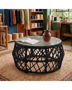 Mesa de Centro com Tampo de Vidro em Aço e Corda Náutica Preto Aruá