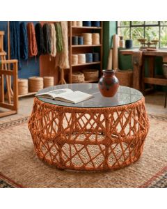 Mesa de Centro com Tampo de Vidro em Aço e Corda Náutica Terracota Aruá