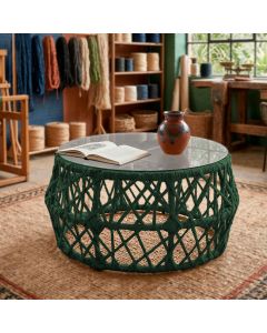Mesa de Centro com Tampo de Vidro em A&ccedil;o e Corda N&aacute;utica Verde Aru&aacute;