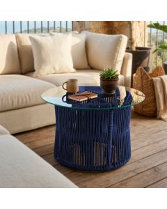 Mesa de Centro com Tampo de Vidro em A&ccedil;o e Corda N&aacute;utica Azul Makuni