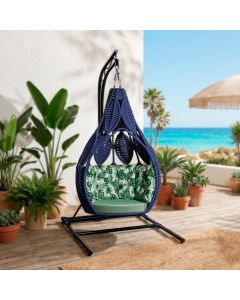 Ninho em Aço e Corda Náutica Azul Ratanabá com Suporte e Almofada Estampa Folha Verde