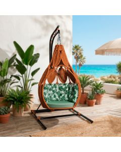 Ninho em Aço e Corda Náutica Terracota Ratanabá com Suporte e Almofada Estampa Folha Verde