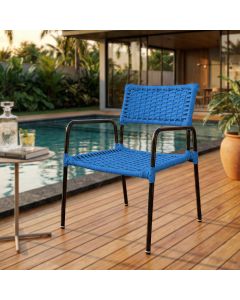 Poltrona Por&atilde; Junco Sint&eacute;tico A&ccedil;o Preto com Bra&ccedil;os para &Aacute;rea Externa Varanda e Piscina Lazer - Azul